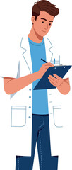 Fototapeta premium Male doctor writing on clipboard in white coat medical professional vector illustration 