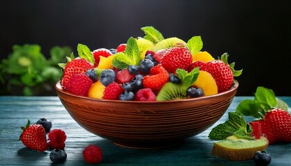 Frutas y bayas con hojas de menta fresca en un bol sobre la mesa. Postres de verano y alimentación saludable.