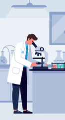 Scientist examining sample under microscope in laboratory setting vector illustration 
