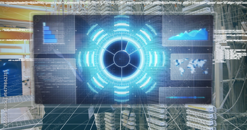 Poster image of statistics and data processing on grey background
