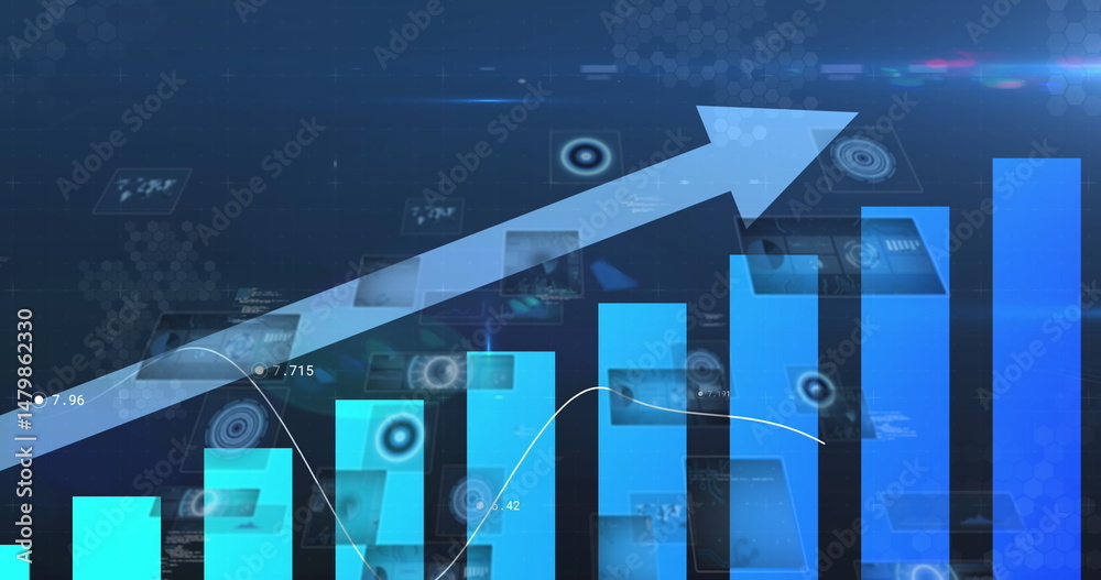 Poster image of blue arrow, graph with data processing and scope scanning over blue background