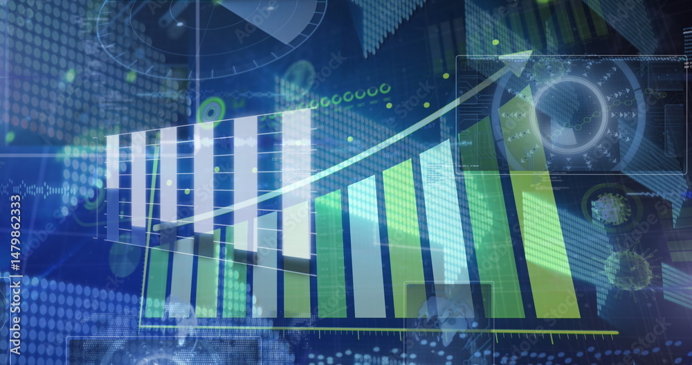 Poster image of statistics and data processing on grey background