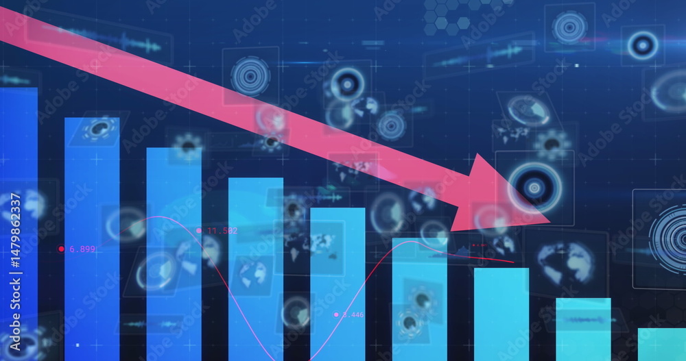 Poster image of red arrow, graph with data processing and scope scanning over blue background