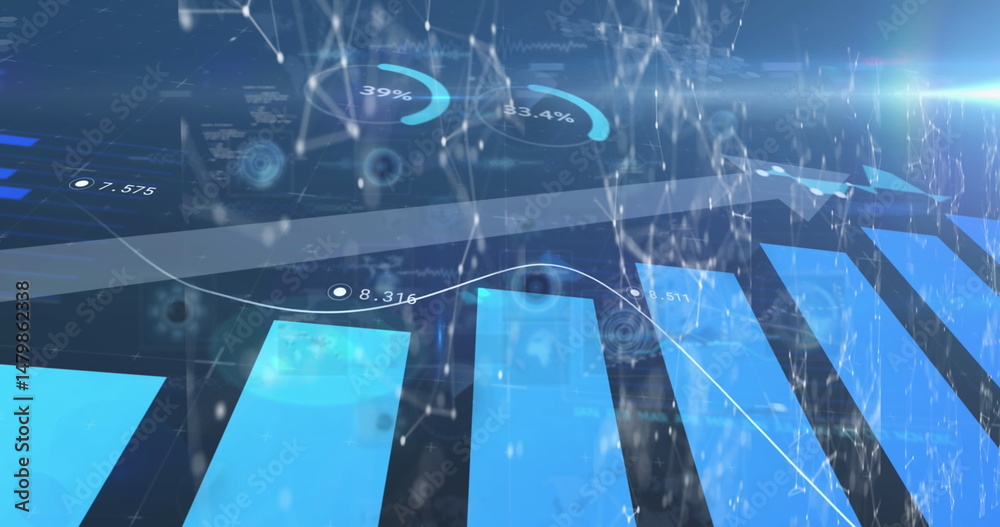 Poster image of blue arrows, graph with data processing and scope scanning over blue background