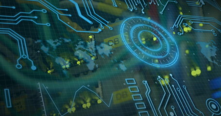 Image of statistics and data processing on grey background