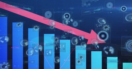 Selbstklebende Fototapeten Image of red arrow, graph with data processing and scope scanning over blue background © vectorfusionart