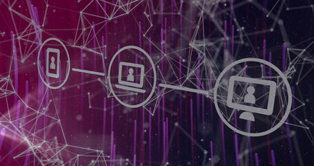 Image of network of connections with tech icons over purple background