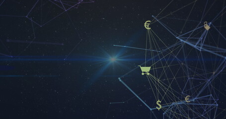 Image of network of connections with icons in navy space