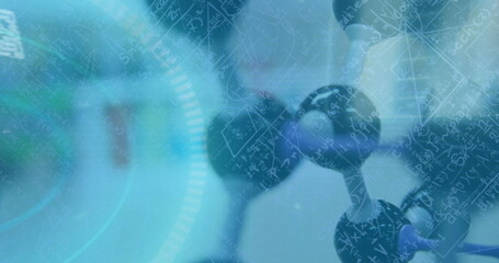 Image of data processing and mathematical equations over molecular model