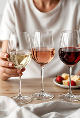 Naklejka premium Tasting three types of wine including white, rosé and red with cheese and strawberries on a wooden table