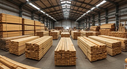 Stacks of processed timber awaiting distribution in a spacious warehouse