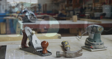 Image of data processing over carpentry tools in workshop
