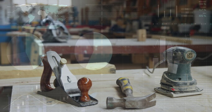 Image of data processing over carpentry tools in workshop