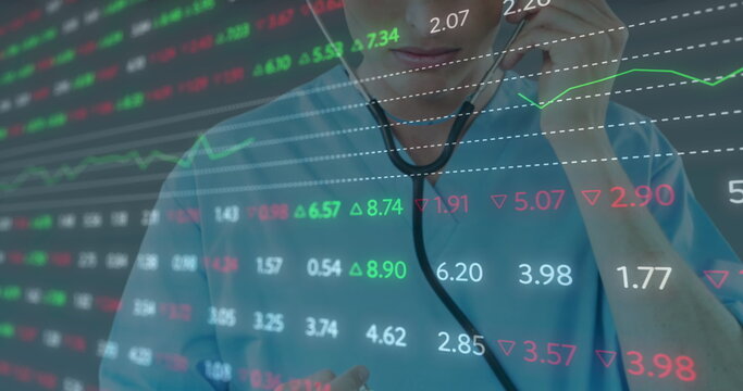 Image of stock market data processing over caucasian male health worker holding stethoscope