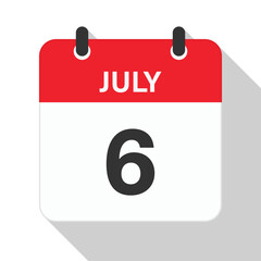 July 6 Daily Calendar. Red Theme on White Background