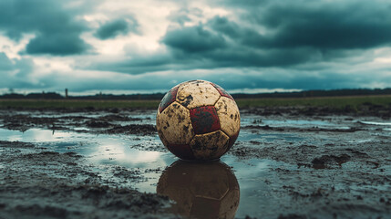 Stock photo of muddy soccer ball on a field after rain with dramatic sky for sports blog