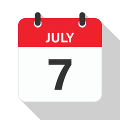 July 7 Daily Calendar. Red Theme on White Background