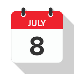 July 8 Daily Calendar. Red Theme on White Background