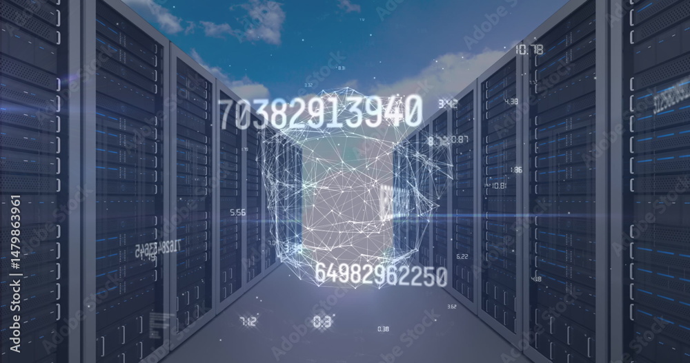 Poster image of data processing over globe and server room