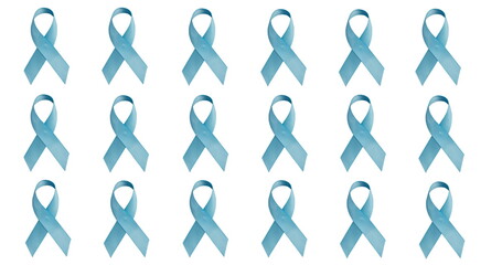 Image of blue cancer ribbon symbols on white background