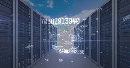 Image of data processing over globe and server room