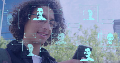 Image of arrows and icons over businessman using smartphone