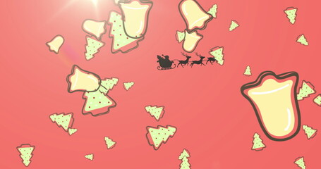 Christmas trees and bell icons falling against santa claus in sleigh being pulled by reindeers