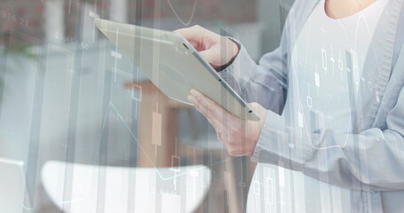 Image of graph with data processing over caucasian woman using tablet