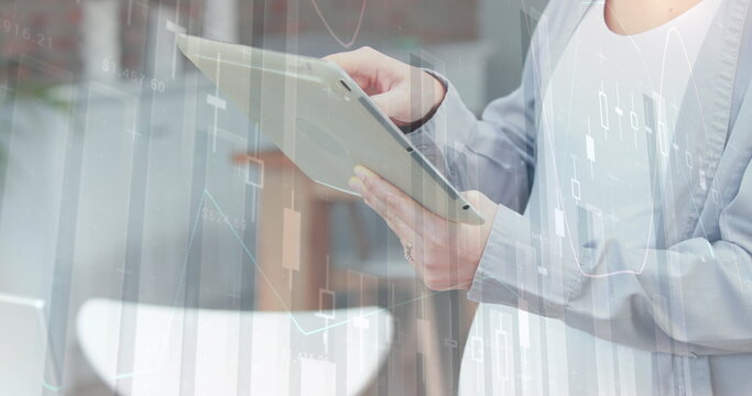 Image of graph with data processing over caucasian woman using tablet