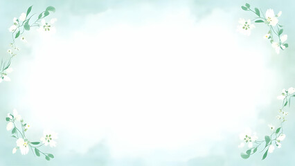 Fototapeta premium A delicate floral frame with white blossoms and green leaves on a soft blue background.