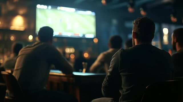 Evening setting in a bustling sports bar, group of men sitting on high stools, intently watching a fast-paced football match on a large HD screen