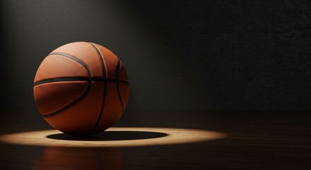 Fototapeta premium Basketball illuminated by spotlight on dark background for sports related projects