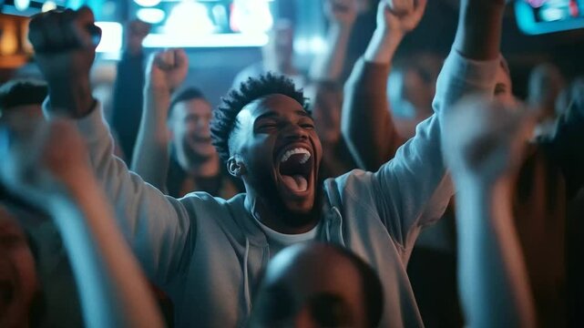 Excited sports bar crowd, a group of men jumping in celebration as their football team scores, the energy of the moment filling the room with cheers
