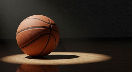 Obraz premium Basketball on wooden surface illuminated by spotlight against dark background