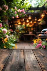 Rustic wooden table in a dreamy garden setting with blurred flowers and string lights background