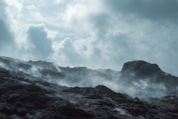 Volcanic landscape with steam vents and rugged terrain