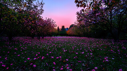 Obraz premium Colorful Pink And Purple Flowers Field At Sunset
