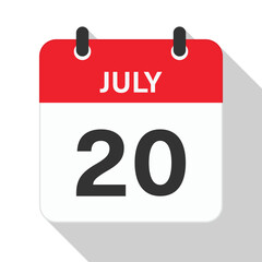 July 20 Daily Calendar. Red Theme on White Background