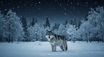 Naklejka premium Lone Wolf in Winter's Embrace: A Snowy Night