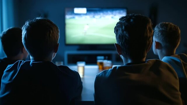Group of friends gathered around a table with drinks, intensely watching the football match on TV, their eyes fixed on the screen, sharing the experience together