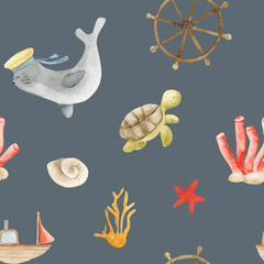 Watercolor Ocean Seamless Pattern with Cute Sea Animals - Turtle, Seal, Corals, Sea Stars, Boats and Shells – Marine Kids Background, Underwater Watercolor Illustration.