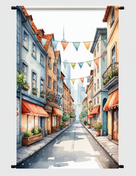 A watercolor illustration of a busy city street with buildings, cars, and people