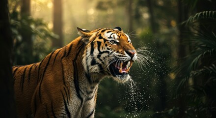 Obraz premium Tiger in natural habitat with visible stripes and intense expression in jungle setting