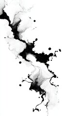 Fototapeta premium Abstract black ink flows and splatters across a white background in a dynamic, artistic pattern.
