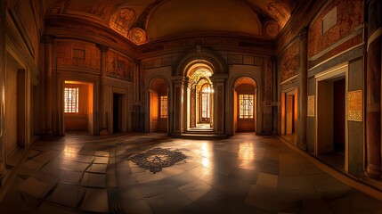 Fototapeta premium Exquisite architectural artistry: Ornate hall bathed in golden sunlight illumination