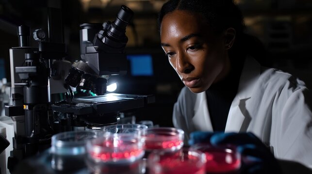 A researcher in a lab coat examining multiple petri dishes containing organoids with a confocal microscope set up in the background highlighting the scientific environment.