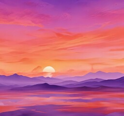 Fototapeta premium Fiery orange and violet sunset hues blend, abstract watercolor wash , serenity, digital