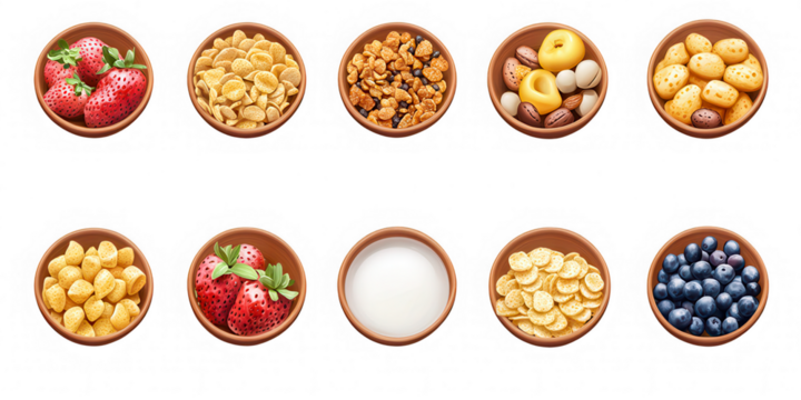 Variety of Breakfast Cereal and Toppings in Bowls Including Strawberries Blueberries and Milk Arranged Neatly on transparent background