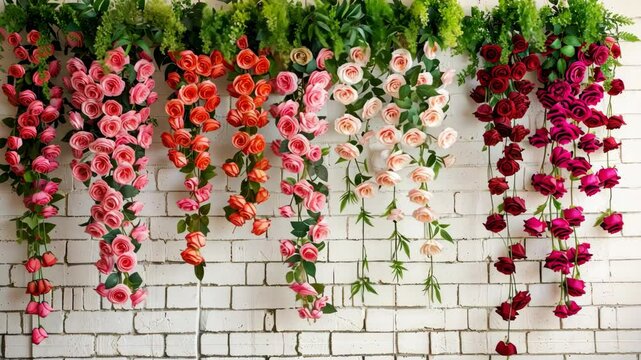 Brightly colored roses hang gracefully against a textured wall, showcasing a vibrant floral arrangement perfect for any celebration