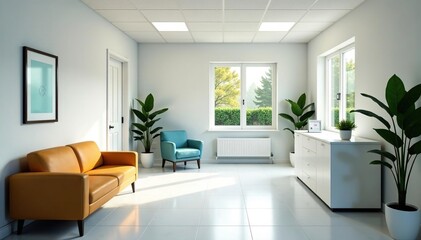 Clean, modern doctor's office waiting area with comfortable seating and natural light , wellbeing, clinic waiting room, hospital